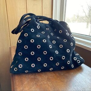 VTG 90s Jane August Luxury Black Suede Silver Grommet Eyelet Hobo Bag Purse